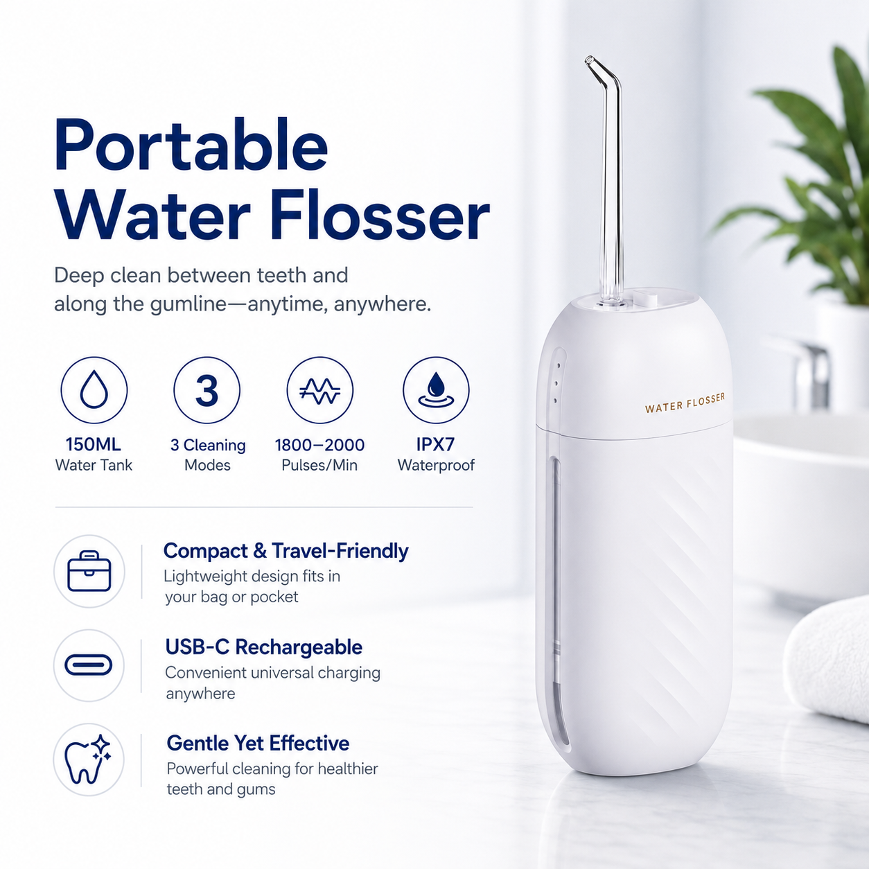 Portable Cordless Water Flosser – 3 Modes, USB-C Rechargeable