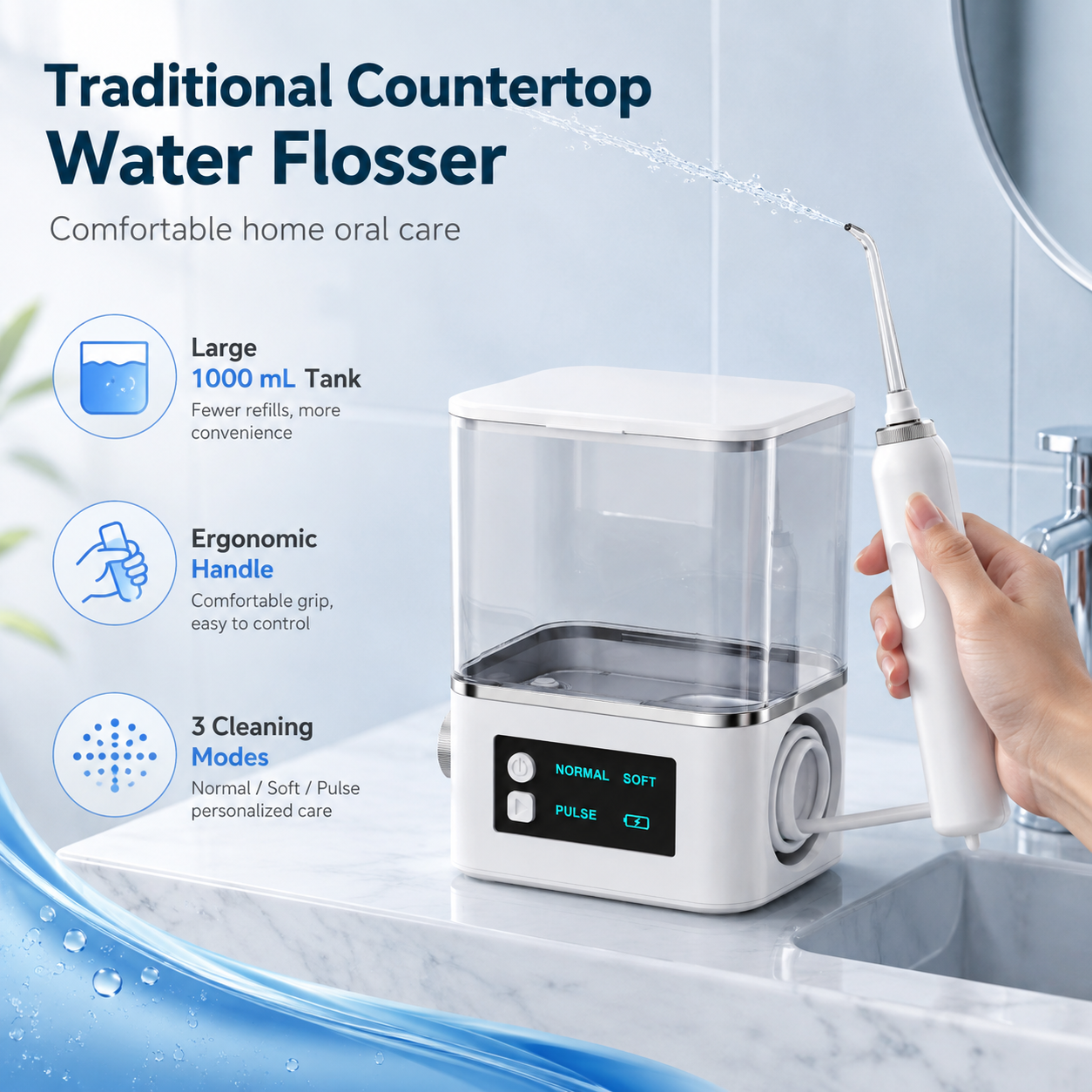 Dentson Countertop Water Flosser – 1000ML Large-Capacity Oral Irrigator