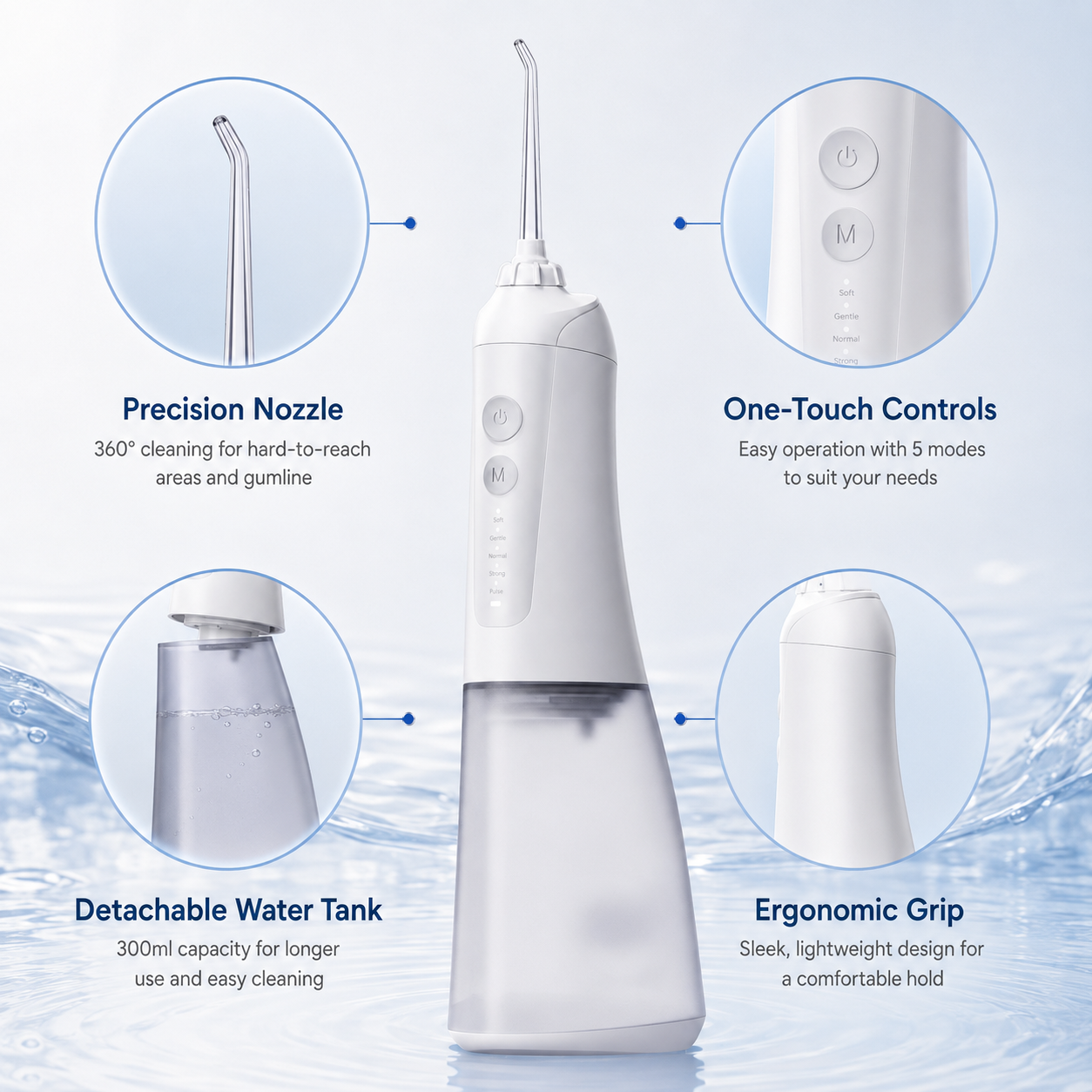 Dentson 5-Mode Water Flosser – 300ML Detachable Tank