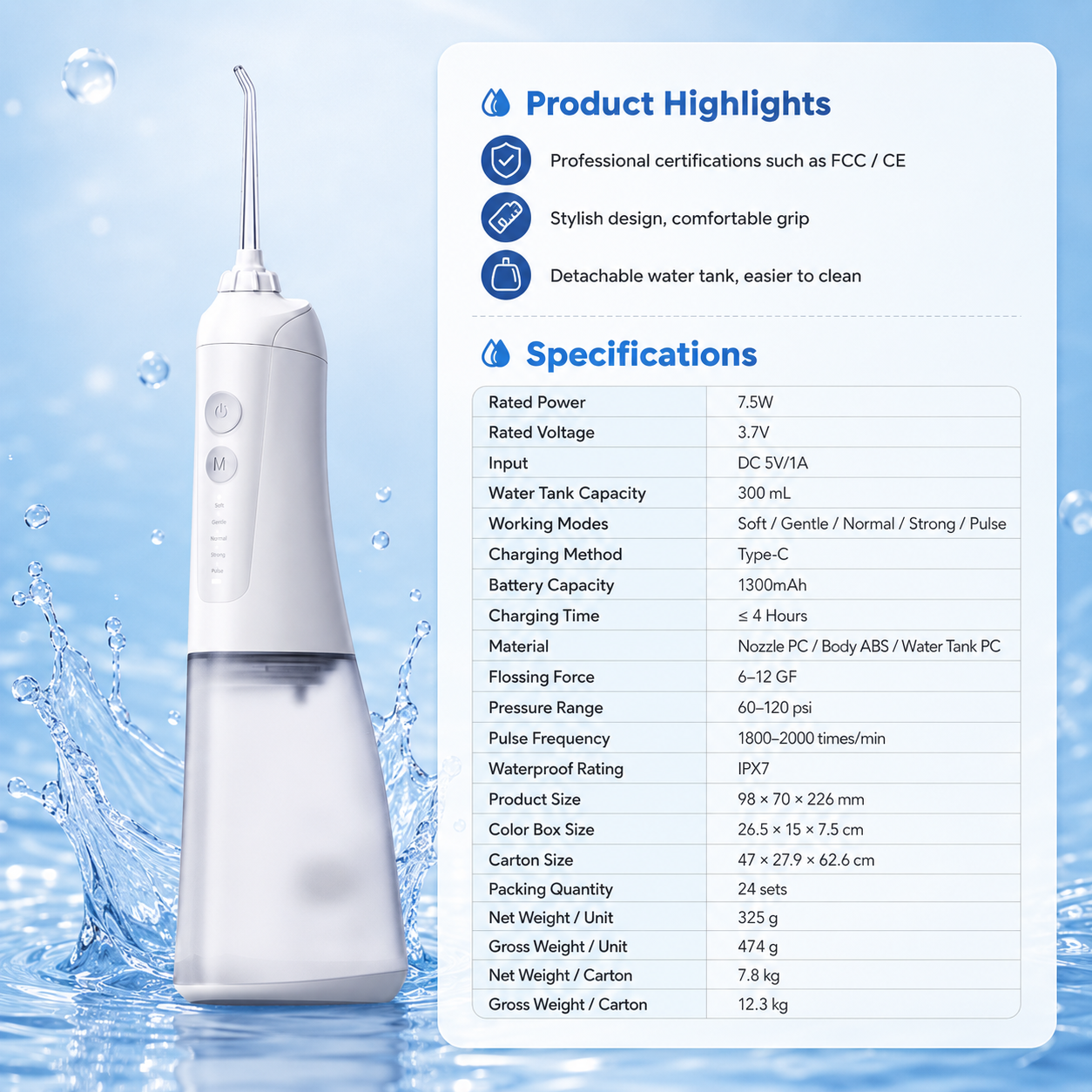 Dentson 5-Mode Water Flosser – 300ML Detachable Tank