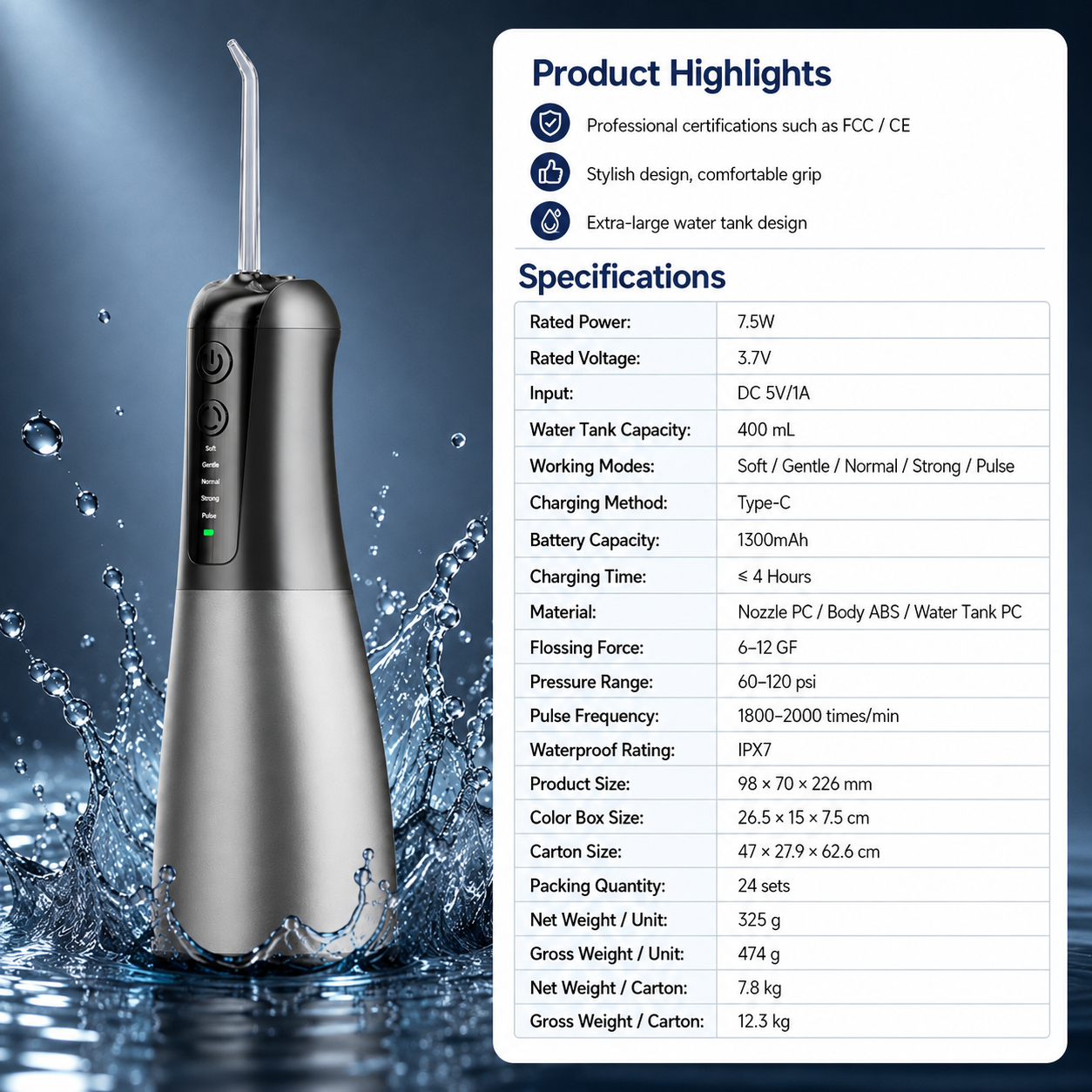 Dentson 5-Mode Cordless Water Flosser – 400ML Large Capacity