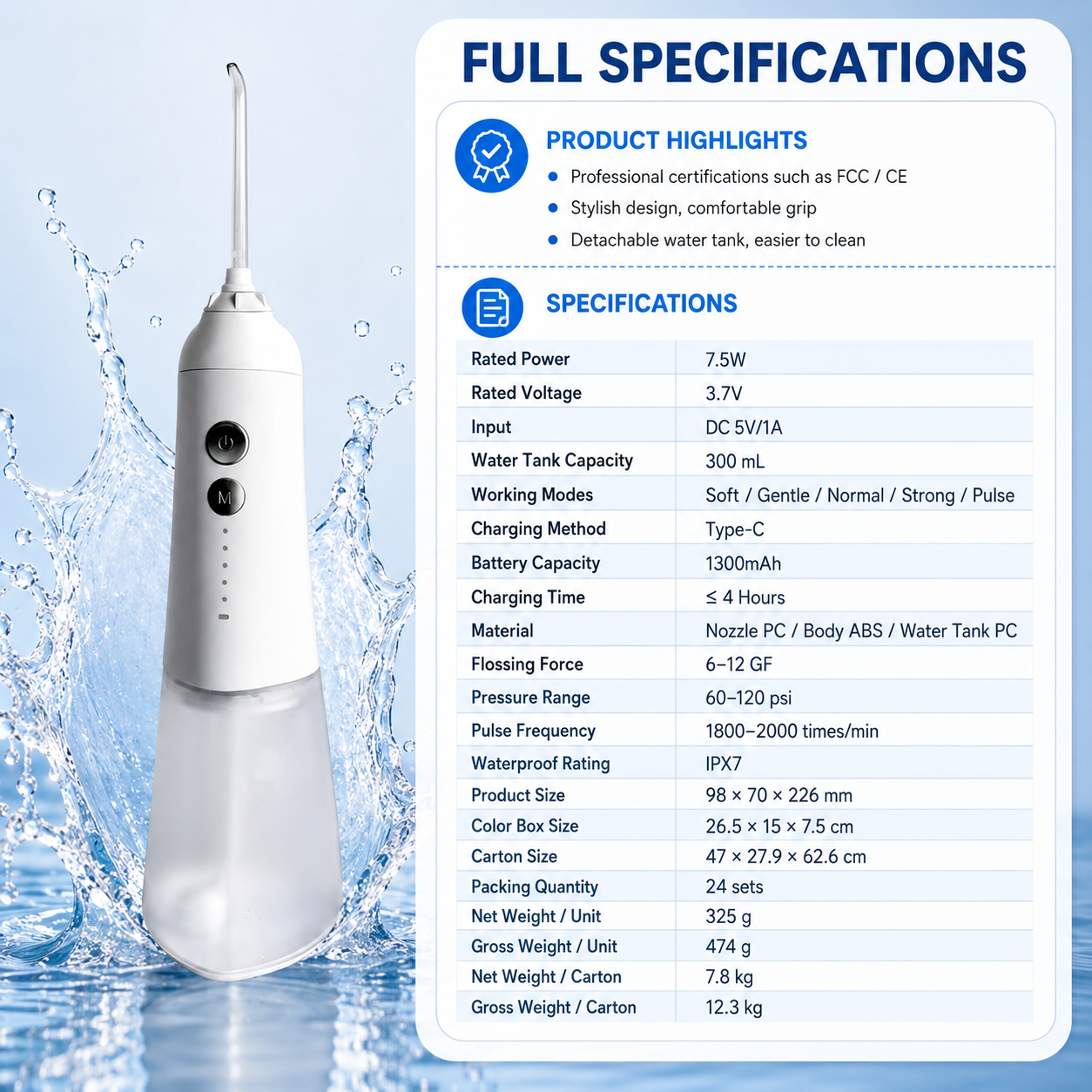 Dentson 5-Mode Cordless Water Flosser – 300ML Easy-Clean